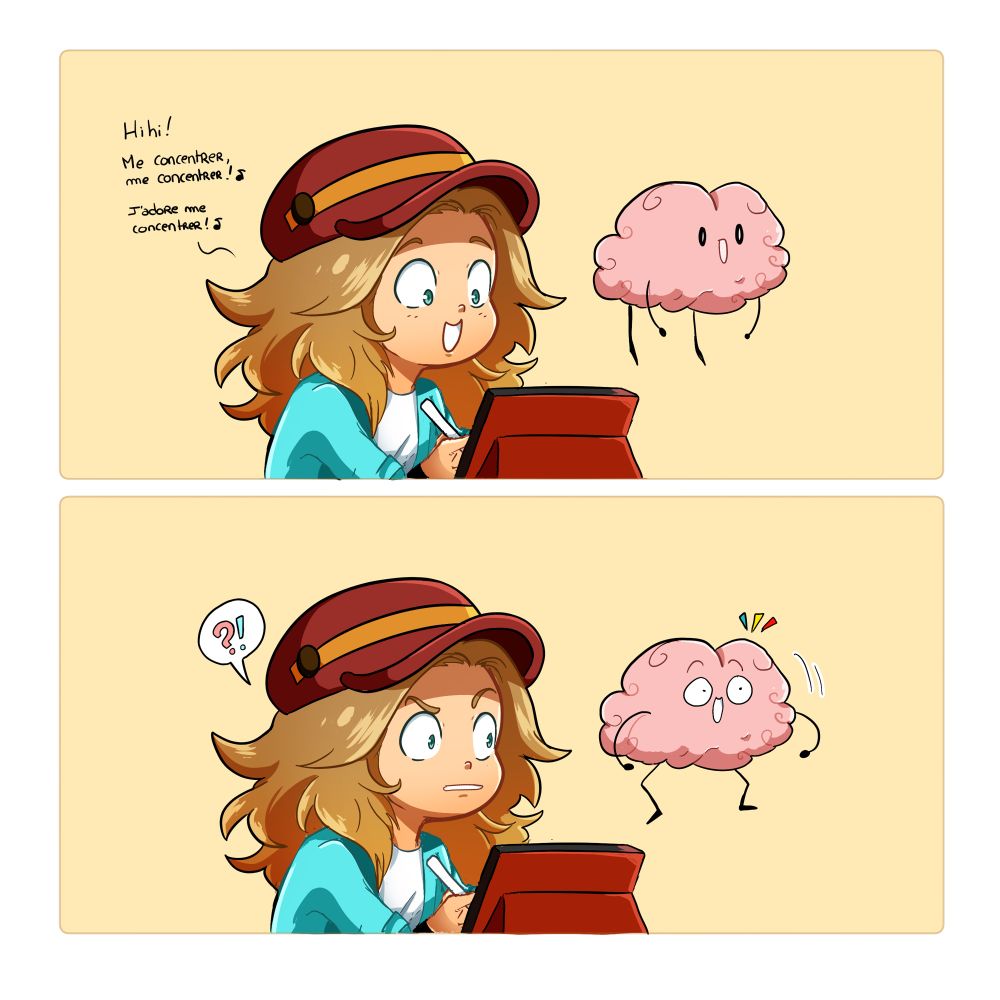 Bd en 2 cases. Sur la case du haut mon personnage dessine en étant heureuse de se concentrer dessus, son cerveau flottant à côté. Soudain dans la case du bas, le cerveau remarque quelque chose et s’exclame.