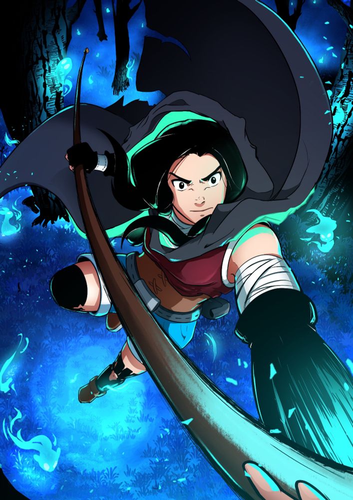 Picture of my character called Linoë, in an action pose swinging their staff towards the camera. The setting is in a forest with predominantly blue colors, and black tree trunks only highlighted by the presence of the blue will o wisps around it. Linoë has long black hair, a black and green coat with holes (the green part glows), wears blue jean shorts and long black socks with holes.