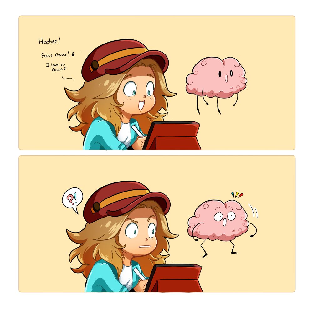 2 panels comic. The top one is my character drawing on her tablet, happy she’s focused on her art. Her brain floats next to her. Suddenly her brain noticed something in the distance.