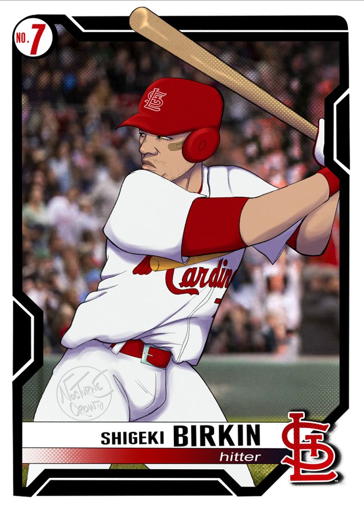badman (shigeki birkin) portrayed as a hitter for the st. louis cardinals on a cardinals themed card