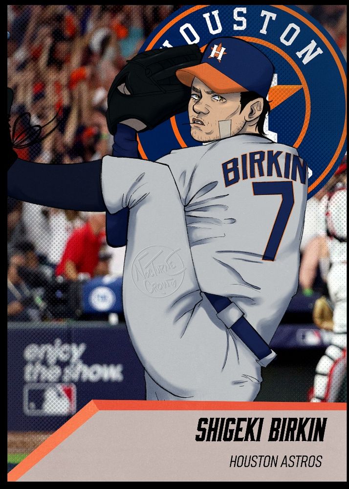 badman (shigeki birkin) portrayed as a pitcher for the houston astros on an astros themed baseball card