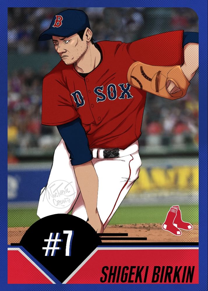 shigeki as a pitcher for the boston red sox, portrayed within a baseball card-esque design