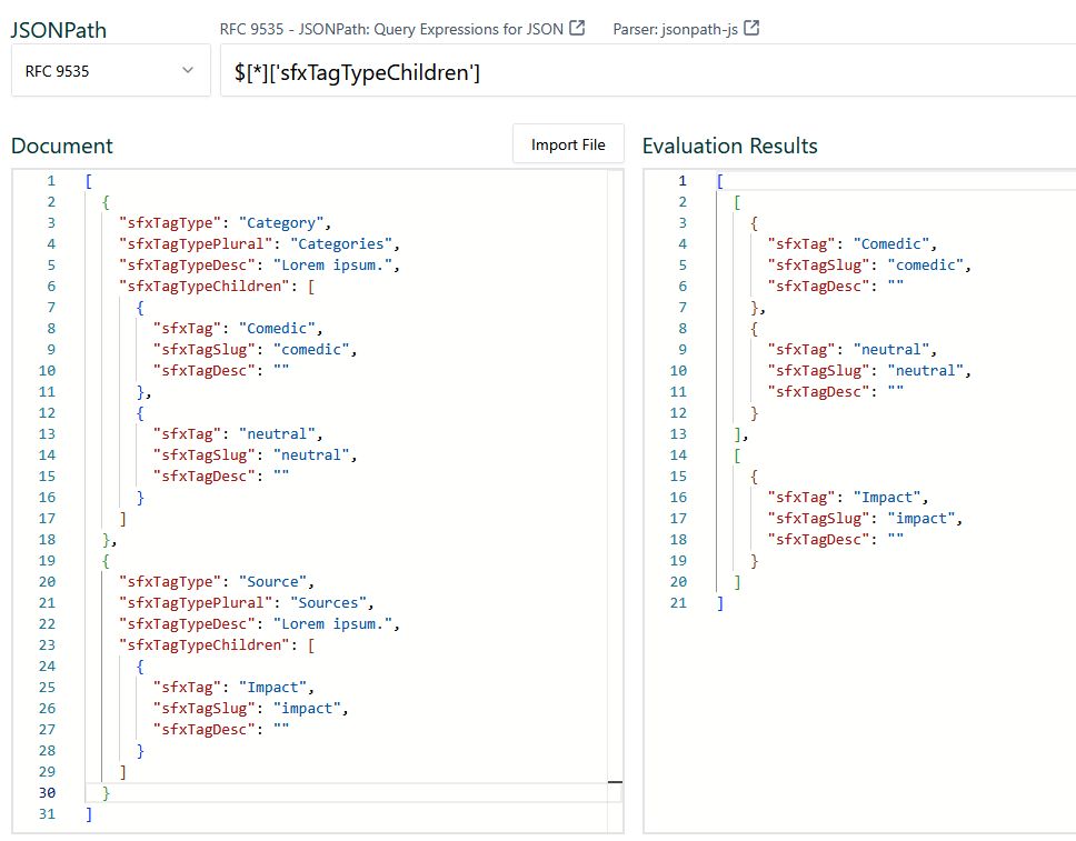 A screenshot of https://jsonpath.com/ showing the same example json and the result of parsing with the path $[*]['sfxTagTypeChildren']