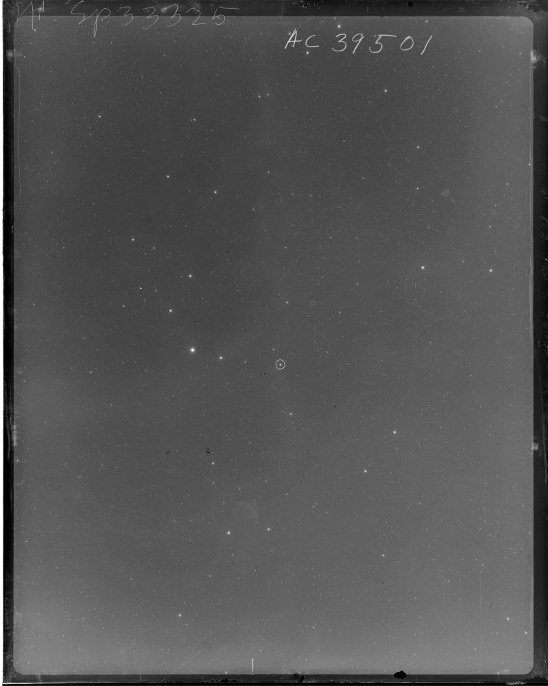 It was taken on February 12, 1946, three days after T CrB erupted, the bright star in the circle is T CrB, when it had dimmed from peak brightness to 4.3 mag. I adjusted the color and rotated the angle of the original image.