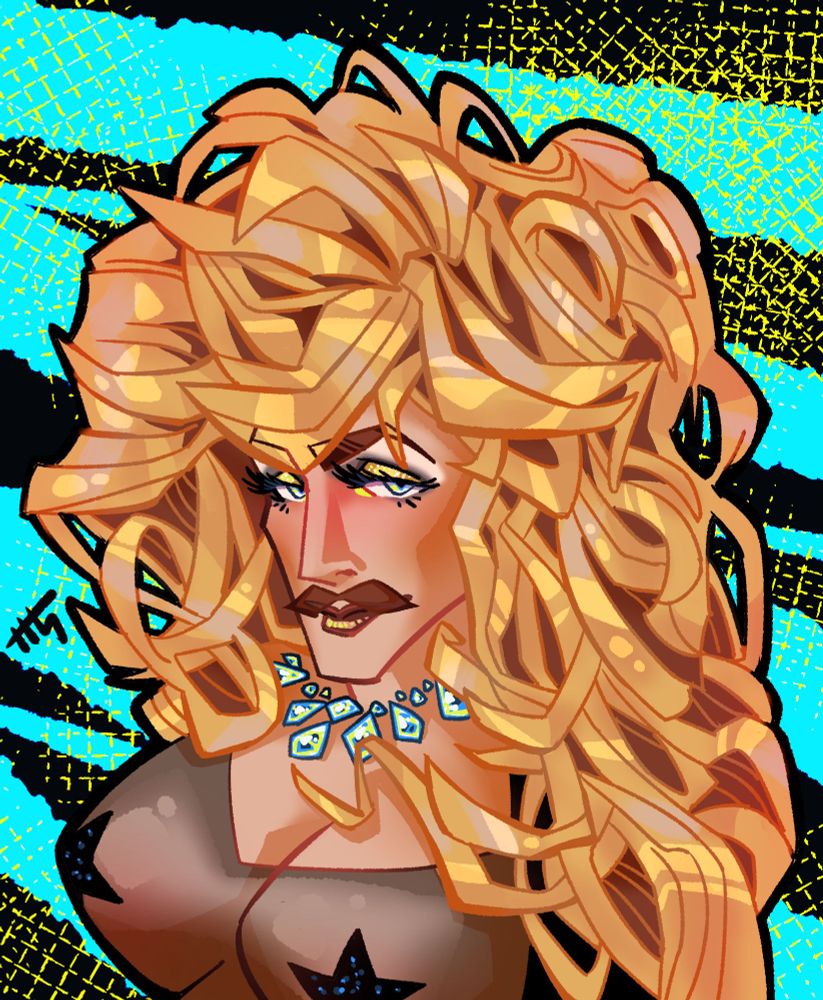 A bust full-colour drawing of Biqtch Puddin' - a drag artist - on a black and cyan striped background.