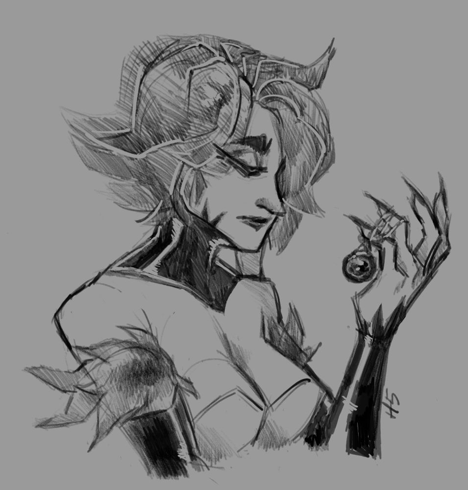 A bust monochrome sketch of skeleharpy's persona gazing at a gem with a melancholy look.