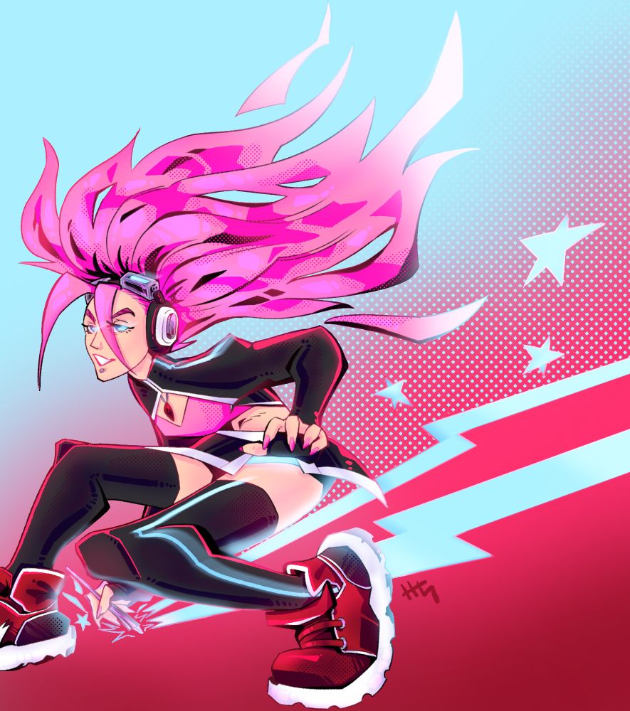 A fullbody full-colour drawing of topspinthefuzzy's persona crouched and drawing light blue lightning bolts on a field of gradiated blue and red.