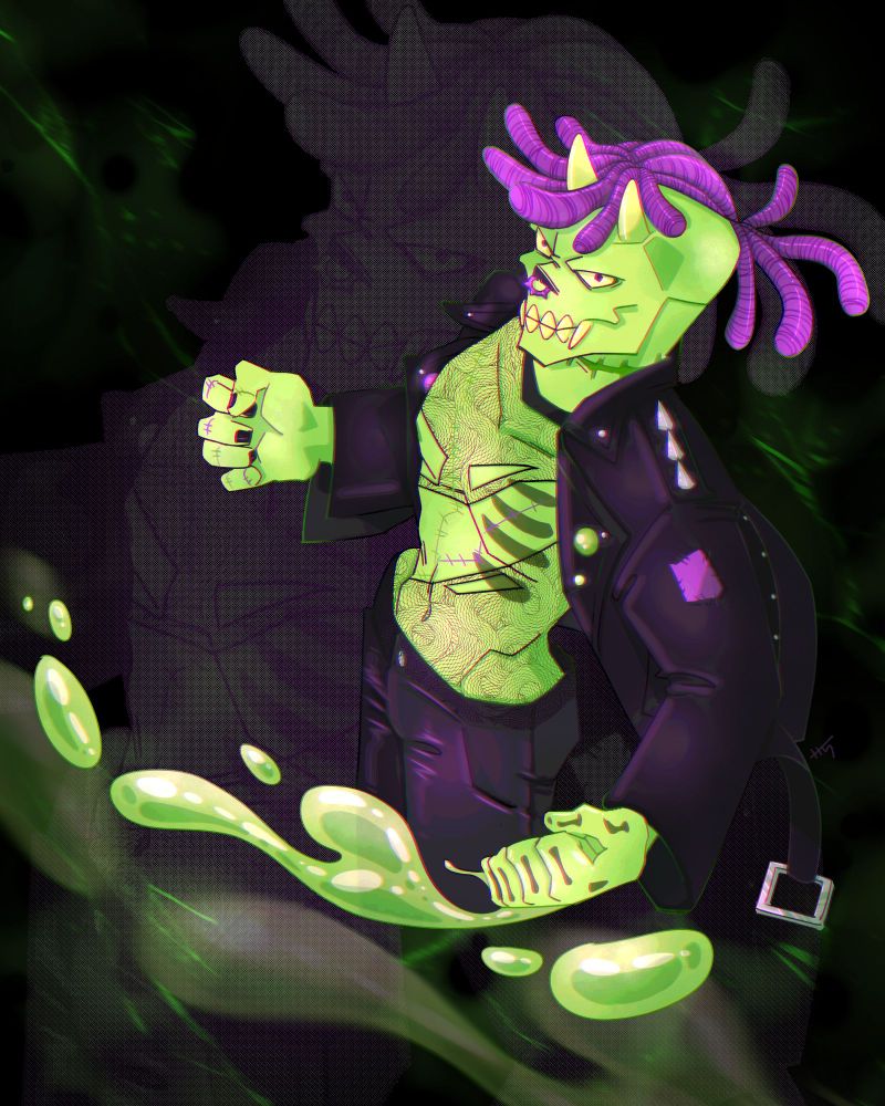 A 3/4 full-colour drawing of Dyvone's persona whipping slime with their fist on a dark background.