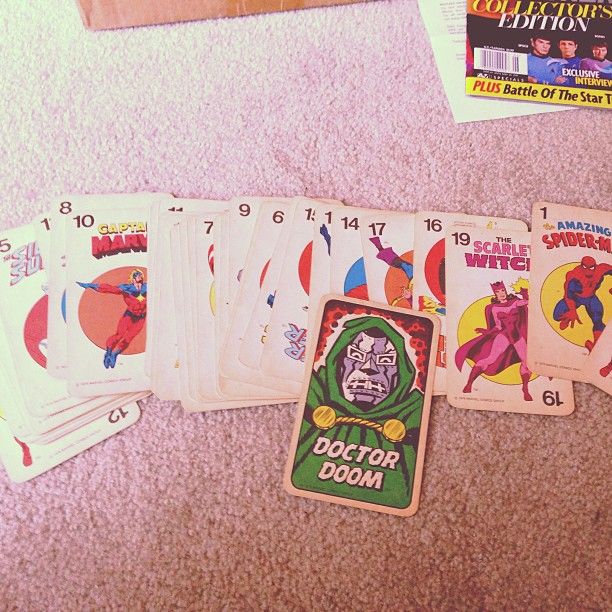 Classic Marvel characters in a deck of cards, layout on the carpet.  Circa 70/80s. Doctor Doom, Spider-Man, Scarlet Witch, Captain Marvel (male) 