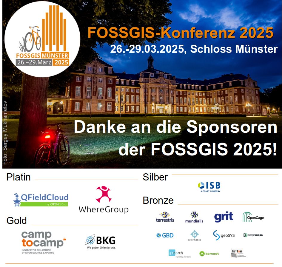 Schloss Münster im Dämmerlicht, vorne links ein Baum an dem ein Fahrrad lehnt, das Rücklicht leuchtet. Weiterhin sind zu sehen: das Konferenzlogo sowie folgender Schriftzug: "FOSSGIS - Die Konferenz der Open Source und Open Data Community für Geoinformation.", "FOSSGIS 2025 26.–29. März Universität Münster" "Danke an die Sponsoren der FOSSGIS 2025!"