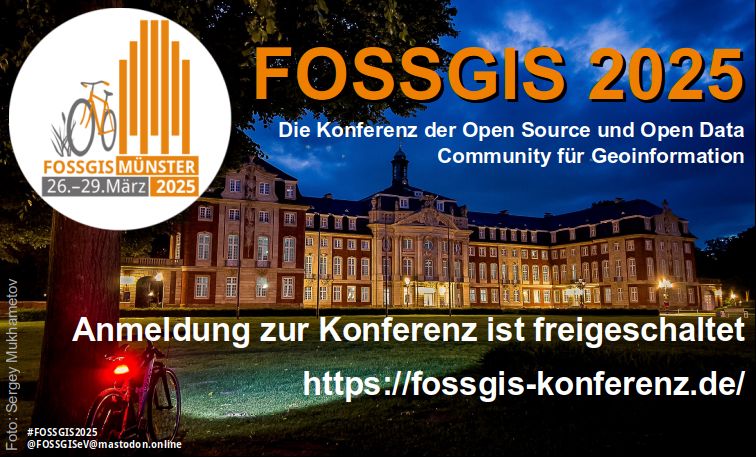 Schloss Münster im Dämmerlicht, vorne links ein Baum an dem ein Fahrrad lehnt, das Rücklicht leuchtet. Das Foto wurde von Sergey Mukhametov gemacht. Weiterhin sind zu sehen: das Konferenzlogo sowie folgender Schriftzug: "FOSSGIS - Die Konferenz der Open Source und Open Data Community für Geoinformation.", "Anmeldung zur Konferenz ist freigeschaltet
https://fossgis-konferenz.de/!" #FOSSGIS2025  @FOSSGISeV@mastodon.online 