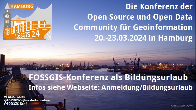 Bild zeigt eine Ansicht des Hamburger Hafens fotografiert von Hauke Stieler. Weiterhin sind zu sehen: Konferenzlogo, Schriftzüge "Die Konferenz der Open Source und Open Data Community für Geoinformation
20.-23.03.2024 in Hamburg" "FOSSGIS-Konferenz als Bildungsulaub
Infos siehe Webseite: Anmeldung/Bildungsurlaub" #FOSSGIS2024 
@FOSSGISeV@mastodon.online
@FOSSGIS_Konf
