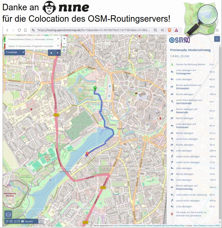 Bild zeigt eine Karte, Ausschnitt Münster auf routing.openstreetmap.de, sowie die Route für Fußgänger vom Schloss Münster zum Gästehaus Seezeit auf der Karte angezeigt und als Textform ausgegeben. Server gesponsert von nine | Informationen und Datenschutz | Karte hergestellt aus OpenStreetMap-Daten | Lizenz: Open Database License (ODbL)