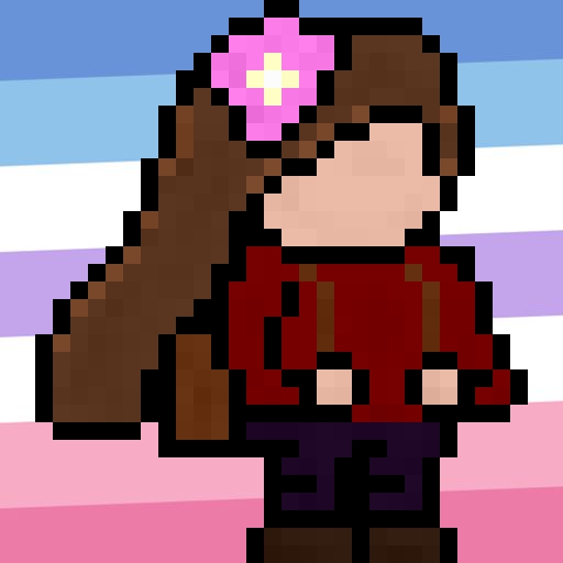 pixelart of a femme presenting person with a pink flower stuck into long flowing brown hair. the person is wearing a red sweater and purple pants holding tonto the straps of a backpack. the background is the bigender flag