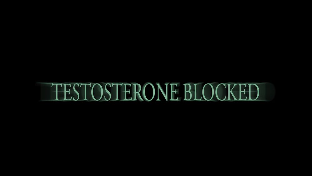 TESTOSTERONE BLOCKED in big bold letters reminiscent of the "humanity restored" screentext in the dark souls series