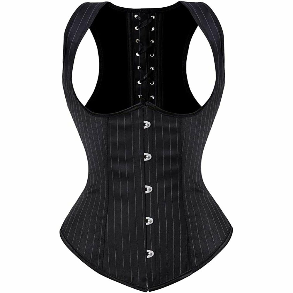 A black and pinstriped underbust corset with shoulder straps, front hooks and a laced backing