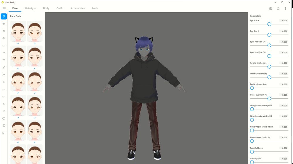 Male with feline features like ears, t-posing in a character creator with various sliders for facial proportion.