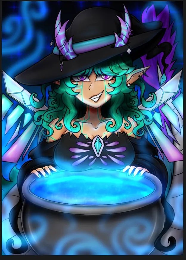 #KatiesArt of a Halloween style card with a character dressed as a witch. She has a big witch hate and gem accessories. She has big purple and blue horns with crystals wrapped on them. She has big cyber wings and is behind a big cauldron filled with glowing glittery blue liquid. You can also kinda see her big tail behind her. 