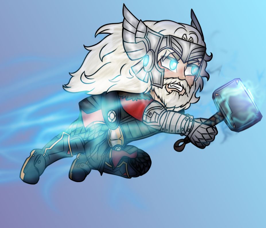 #KatiesArt of Thor from Marvel Rivals flying through the hair. He looks like a bearded man with long white/blonde-ish hair. he has a helmet face cover thing on his forward with wings on both sides. he has an armored arm holding a hammer covered in lightning. There is lightning all around him. He has on boots. a tunic, flappy bits under a belt, and some fur on the shoulders. His eyes are glowing light blue