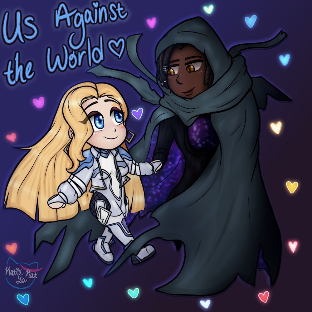 "Us against the world" fanart of cloak and dagger from Marvel Rivals in a chibi form holding hands. Little hearts in the background. Katie_Kat_Yo signature in the corner 