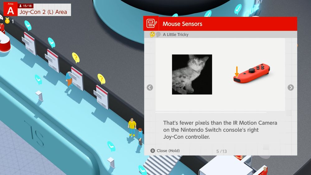 A screenshot from Nintendo Switch 2 Welcome Tour. An explainer window is visible explaining how the IR Motion Camera works as a mouse sensor within the Switch 2 joycons. At the top of the explainer window is a rating section that shows the 🤔 emoji with the text "A Little Tricky". Presumably this means that the explainer itself is a little tricky to understand for a layperson.