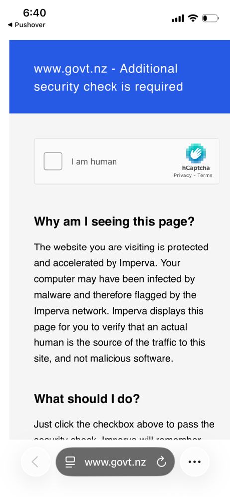 A screenshot of Safari on iOS navigating to www.govt.nz. A hCaptcha page is visible asking the user to prove that they are a human