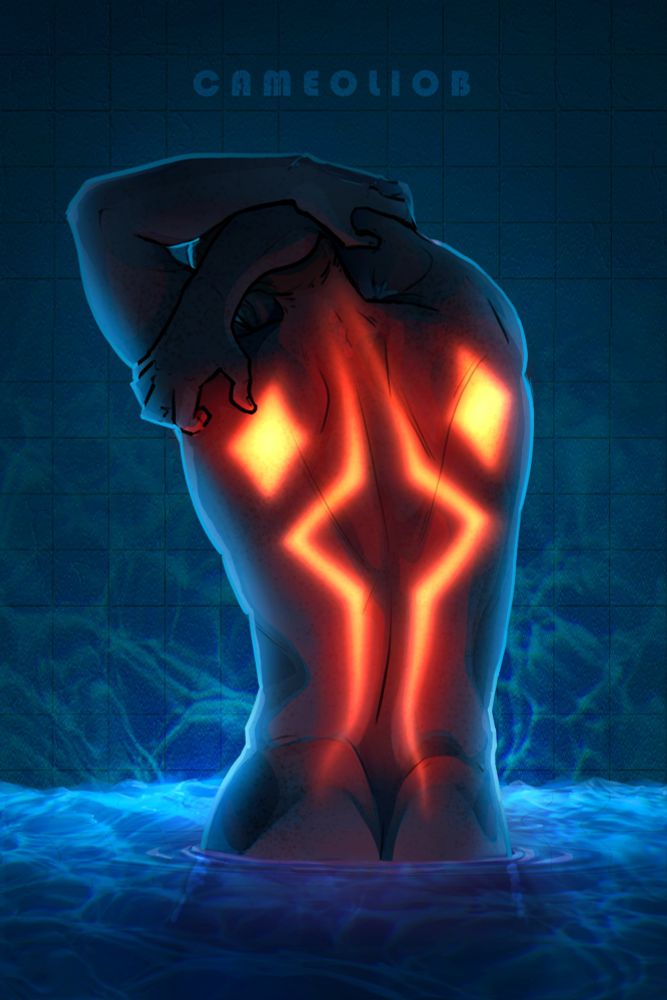 A digital drawing of Kallus from Star Wars Rebels standing in a pool of water with his back turned, the fulcrum symbol glowing under his skin
