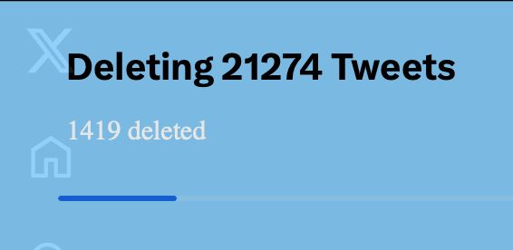 A screenshot that reads “Deleting 21274 Tweets” and “1419 deleted”