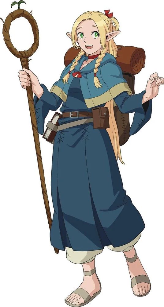 Marcille Donato, semi-elfa y maga del anime Dungeon Meshi. Es rubia, con un peinado de trenzas y orejas alargadas. Lleva un báculo, vestido azul y mochila.
