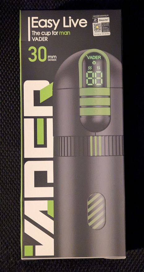 The retail box for the EasyLive Vader. It's black with bold white and green text matching the grey/black device which has accents of lime green.