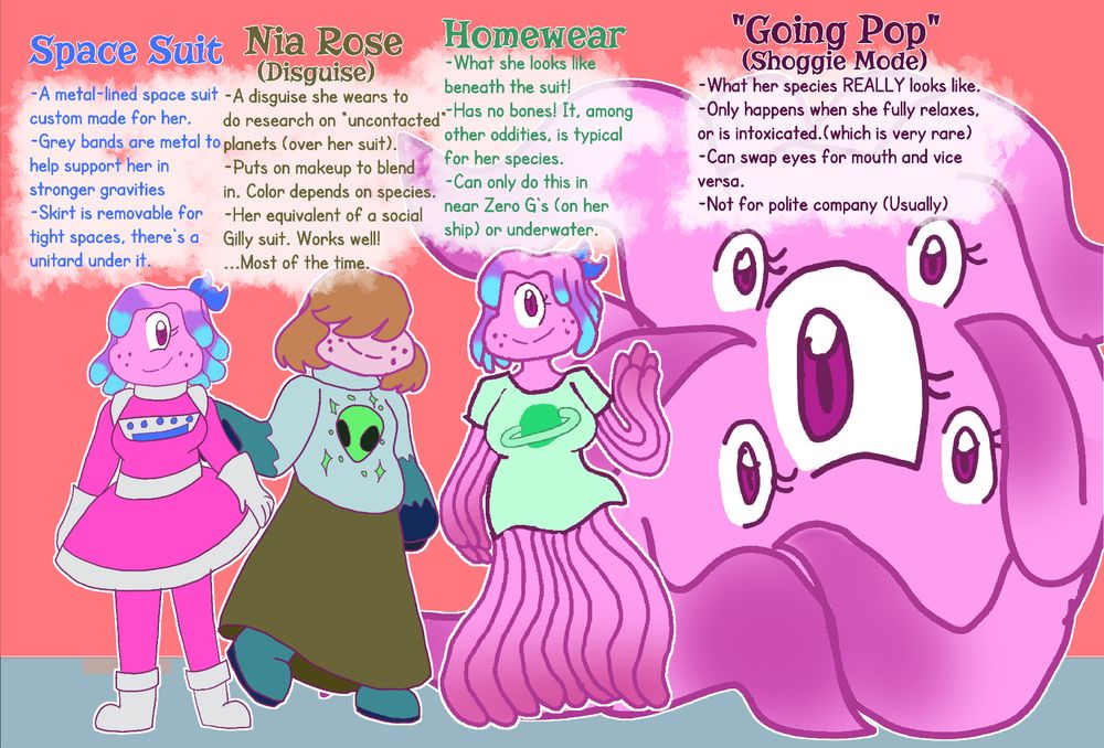 An example of A bunch of Zinnia's forms.

Space Suit: -A metal-lined space suit custom made for her.
-Grey bands are metal tohelp support her in stronger gravities
-Skirt is removable for tight spaces, there's a unitard under it.

Nia Rose (Disguise):-A disguise she wears to blend in on "uncontacted"planets over her suit.
-Puts on makeup to blend in. Color depends on species.
-Her equivalent of a social Gilly suit. Works well!...Most of the time.

Homewear: -What she looks like beneath the suit!
-Only possible in low G's or underwater. (Ship has Gravity controls)
-Has no bones! It, amongother oddities, is typical for her species.

"Going Pop" (Shoggie Mode): -What her species REALLY Looks like.
-Only happens when she fully relaxes or is intoxicated (Which is very rare)
-Can swap eyes for mouth and vice versa
-Not for polite company (Usually)
