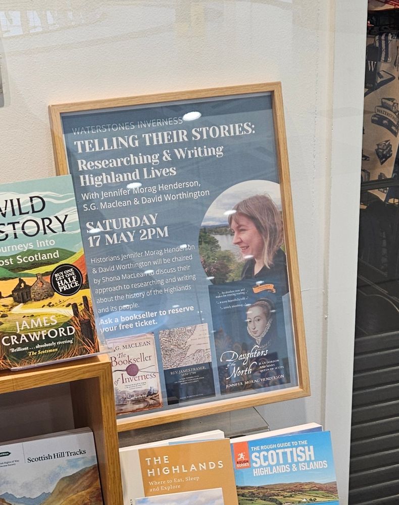 Shop window poster advertising an upcoming event in Waterstones Inverness on writing Scottish Highland biographies.