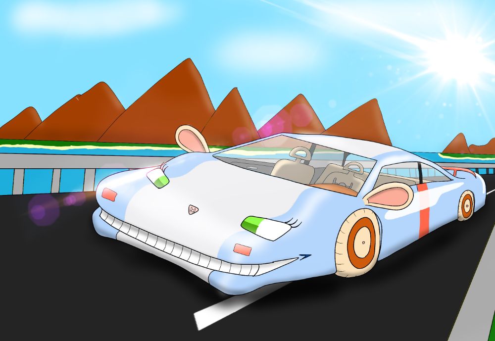 A sentient car covered in light blue with a white stripe down the middle. The headlights represent their green eyes, with thin eyelashes to the side. The car is driving on the road near a large river, with mountains in the background.