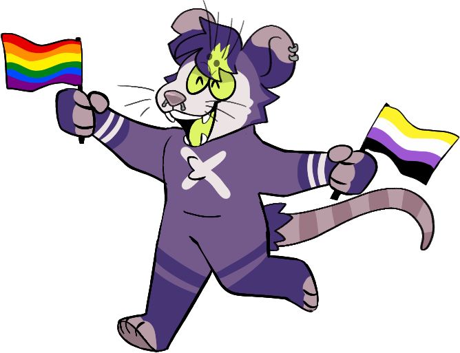 A purple anthropomorphic possum frolics joyfully, holding rainbow pride and nonbinary pride flags.