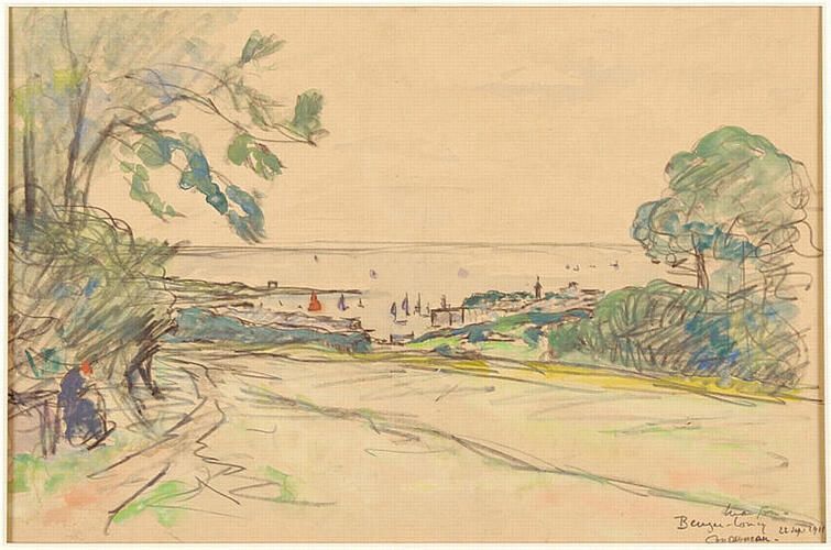 This artwork, 'Beuzec-Concq in Concarneau' by Maxime Maufra, captures a serene landscape with a view toward a calm sea dotted with colorful sailboats. Utilizing a gentle Impressionist style, Maufra emphasizes the natural beauty and tranquility of the Concarneau region with delicate brush strokes and soft colors.
