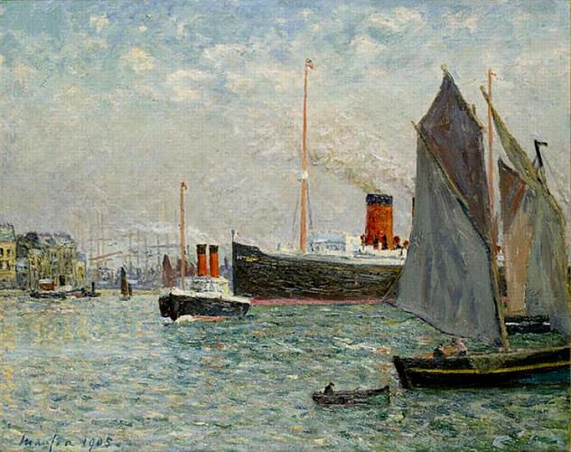 "The Transatlantic Leaving Port" by Maxime Maufra captures a bustling maritime scene with a steamship underway, reflecting the artist's impressionist style that focuses on light and movement. Painted in 1905, it showcases Maufra's fascination with industrial and nautical themes, blending vibrant water reflections with the energy of a busy port.