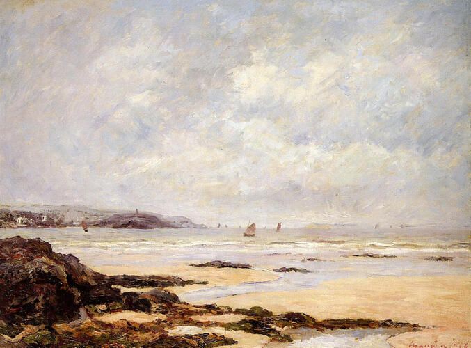 "Low Tide at Douarnenez" by Maxime Maufra captures the serene expanse of the Breton coast, with its soft interplay of light and shadow typical of French Impressionism. The painting reflects Maufra's keen observations of nature and tranquil seascapes, showcasing his affinity for depicting coastal landscapes.