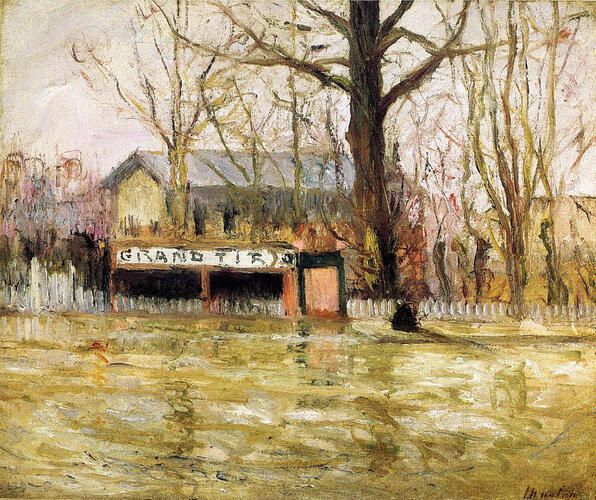 "Flood (Joinville-le-Pont)" by Maxime Maufra captures the serene yet poignant aftermath of a flood, with water engulfing a small area near a partially submerged building. Maufra's use of soft brushstrokes and muted colors reflects the influence of Impressionism, sealing a moment caught in nature’s transformative power.
