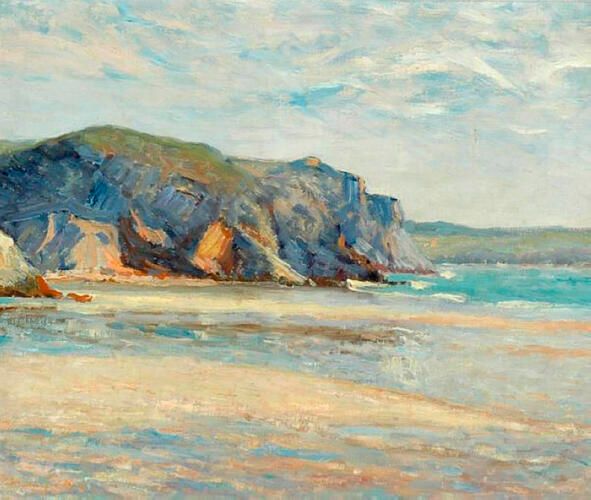 "The Beach at Morgat, Finistère" by Maxime Maufra captures the serene beauty of the Brittany coast with its rugged cliffs and reflective seashore. Maufra's impressionist style brings to life the vibrancy of the landscape through dynamic brushwork and a soft color palette.