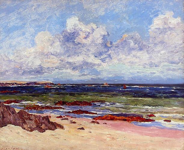 "The Coast at Fort Penthievre, Quiberon Peninsula" by Maxime Maufra captures a dynamic seascape with its vibrant interplay of light and color, reflecting the artist's connection to the Post-Impressionist movements. Maufra's brushwork vividly conveys the turbulent skies and rolling waves of the Brittany coast, a favorite subject in his oeuvre.