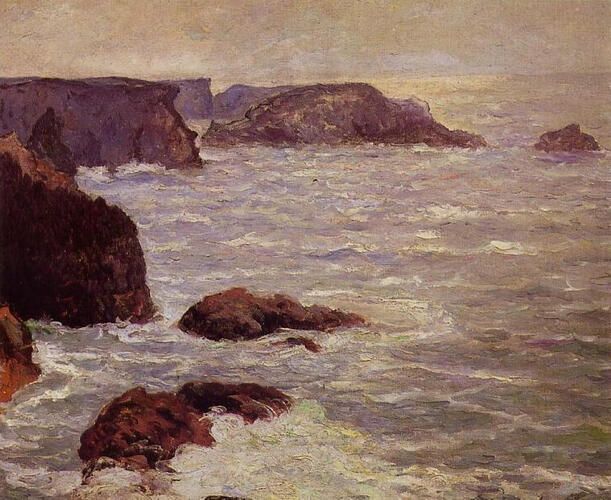 "Coast Goulphar" captures the rugged beauty of the French coast with its textured portrayal of the churning sea meeting rocky cliffs. Maxime Maufra, a notable figure in the post-Impressionist movement, uses a dynamic palette to convey the natural tumult and atmospheric ambiance of the Brittany shoreline.
