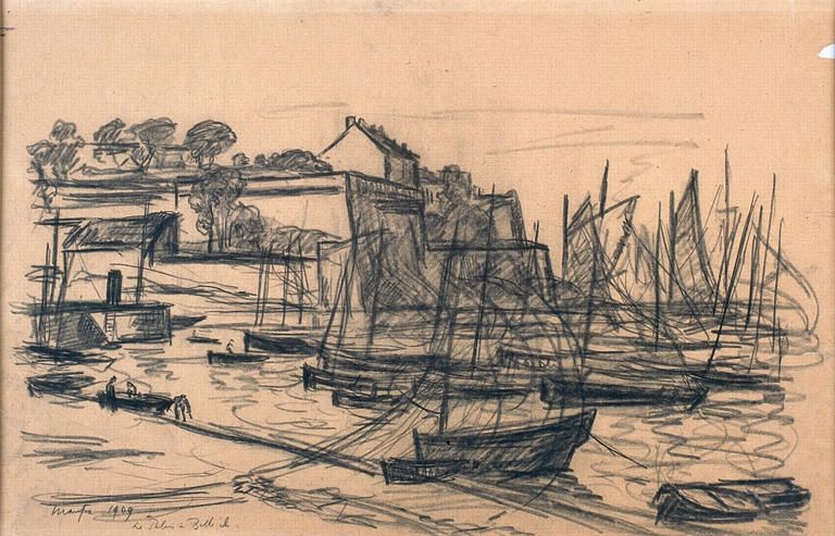 Maxime Maufra's "Belle-Ile Castle" sketch, created in 1909, captures the serene maritime landscape with swift pencil strokes depicting boats anchored near a rugged shoreline. The composition reflects Maufra's impressionist influence and his affinity for coastal French scenes, emphasizing natural beauty and tranquility.