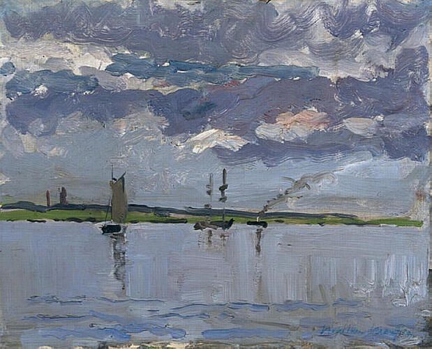 "Landscapes of the Loire River, captured by Maxime Maufra, often feature his characteristic Impressionist style with bold brushstrokes and a vibrant yet muted color palette. This artwork depicts tranquil waters under a cloud-studded sky, embracing the serene beauty of the French rural vista."