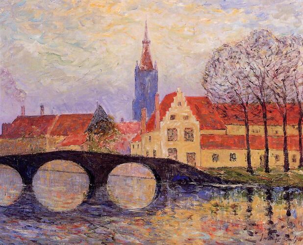 "The Leguenay Bridge," created by Maxime Maufra, captures a serene riverside scene with an arched bridge and vibrant, pastel-colored buildings reminiscent of Impressionism's focus on light and reflection. The artwork beautifully portrays the tranquil interplay of sky, architecture, and water, showcasing Maufra's skill in capturing atmospheric effects.