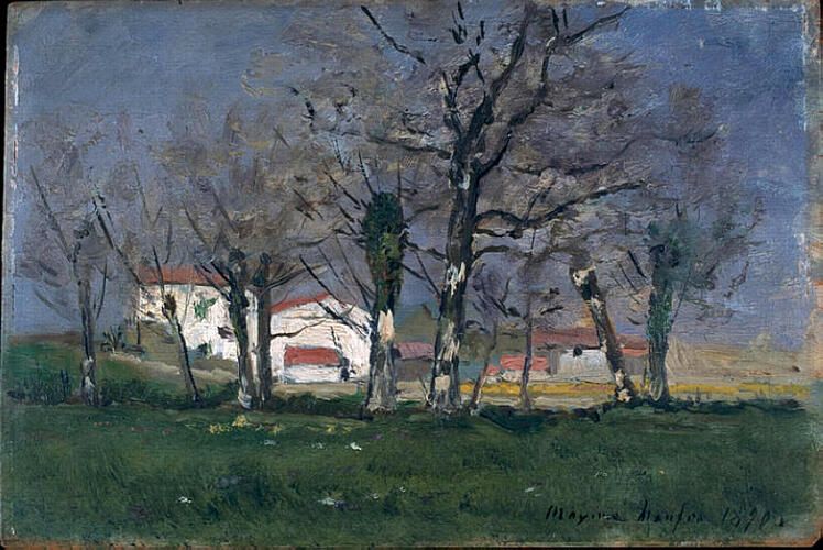 "Farm in the Trees" by Maxime Maufra captures a tranquil rural scene, blending a white farmhouse with the surrounding bare trees under a muted sky. Maufra, a French landscape artist associated with the Pont-Aven school, often illumed his compositions with impressionist influences and emphasis on natural light.