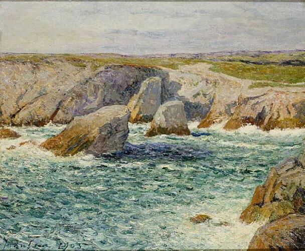 "The Creek Shore of Quiberon" by Maxime Maufra captures the rugged coastline with turbulent waves crashing against rocky cliffs under a serene sky. Maufra, known for his contributions to the Impressionist movement, skillfully employs expressive brushwork and a vivid palette to convey the natural beauty and dynamic energy of the Quiberon peninsula.