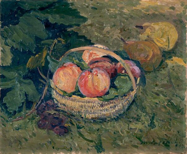This painting, titled "A Fruit Dish" by Maxime Maufra, portrays a serene still life of a wicker basket brimming with ripe peaches and surrounded by lush foliage and grapes. Maufra, a French Impressionist known for his vibrant landscapes and intimate still lifes, captures the natural beauty and tranquility of the scene with his characteristic loose brushstrokes and rich color palette.