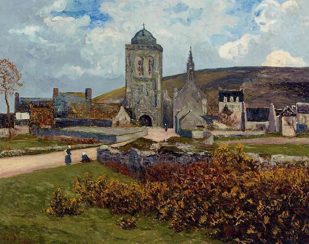 "Breton Landscape" by Maxime Maufra captures the serene beauty of a rural scene in Brittany, with its striking church and pastoral surroundings under a cloudy sky. Known for his vivid use of color and light, Maufra's Impressionist technique highlights the region's charm and tranquility.