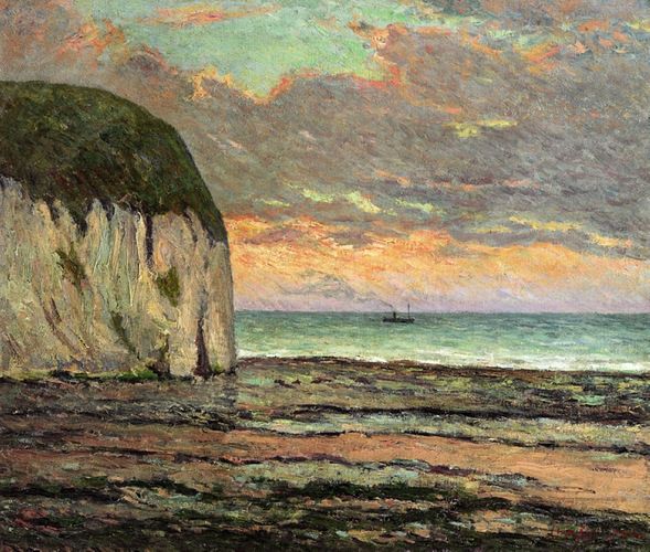 Maxime Maufra's "Sunset" captures the tranquil beauty of a seaside cliff bathed in the warm hues of dusk, with a lone boat gently gliding across the horizon. Known for his vibrant use of color and impressionistic style, Maufra's work often celebrated the natural landscape around Brittany.