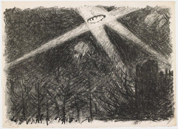 slightly abstracted image of a zeppelin in the sky in the beams of three searchlights; trees at bottom; dark night sky
Maxime Maufra was a French Impressionist painter and printmaker active between 1880 and 1918. He first exhibited his work at the Paris Salon of 1886. Though associated with the Nabi movement, his art was closer to that of Alfred Sisley and Camille Pissarro, especially their use of short brushstrokes. Maufra’s simplified land- and seascapes, usually devoid of figures, synthesize strong linear elements, bold colors, and the play of light and shadow. His numerous original prints, include lithographs, etchings, and aquatints. "His Paysages de guerre" (Landscapes of War), portfolio represents a departure for the artist. Produced in response to the terrible events and upheavals of World War I, Le Zeppelin depicts a German military airship on a bombing raid or reconnaissance mission under illumination by searchlights. It is unusual within the larger context of images of warfare; despite the widespread use of zeppelins by the German armed forces during World War I, the subject is rare among depictions of war. Indeed, there are no other images of military zeppelins in Mia's extensive collection of war-themed prints.